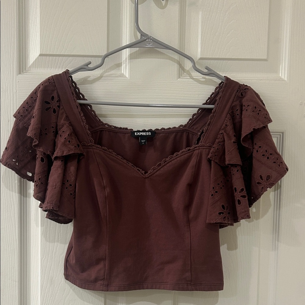 Express Dark Purple Off-Shoulder Eyelet Ruffle Crop Top